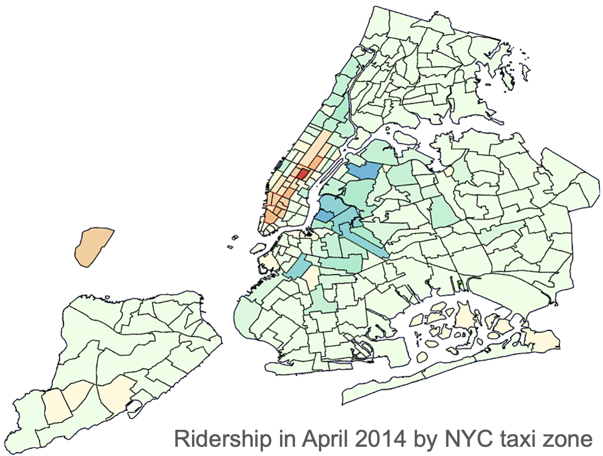 Choropleths were used to analyze ridership on ridesharing apps throughout New York City. 